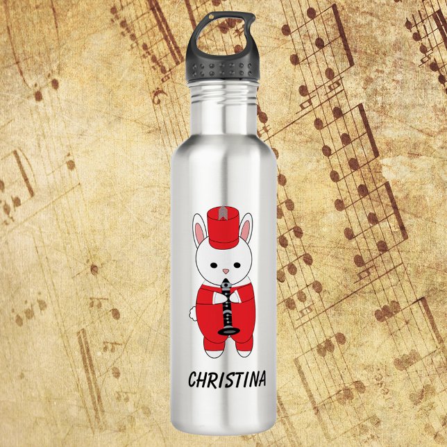 Garrafa Banda Marchante Bunny Clarinet Personalizar Branco (A water bottle with a rabbit playing the clarinet with text you can personalize!)