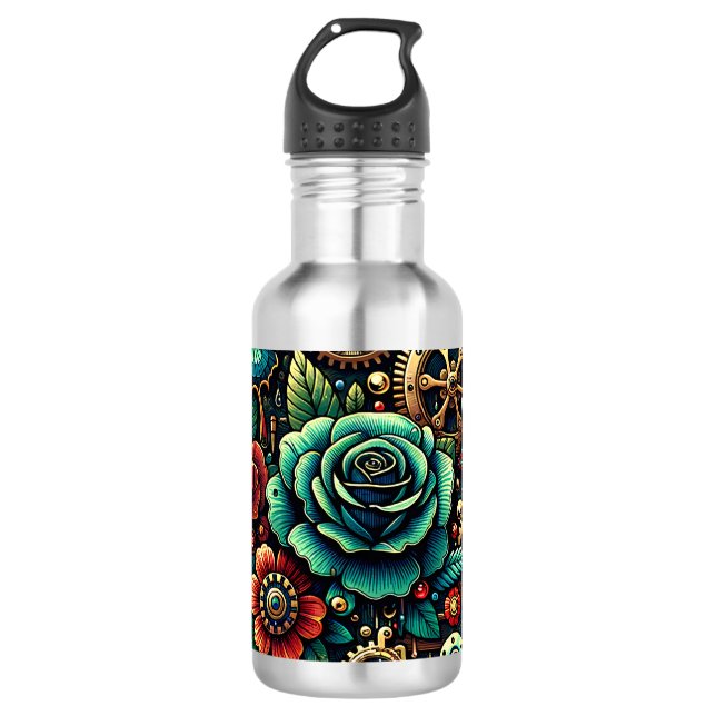 Garrafa Belas Engrenagens e Rosas Temáticas Steampunk (Frente)