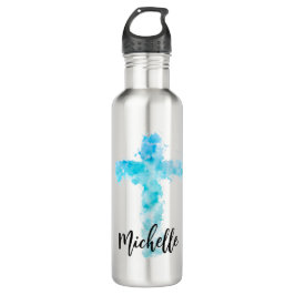 Garrafa Blue Watercolor Christian Cross