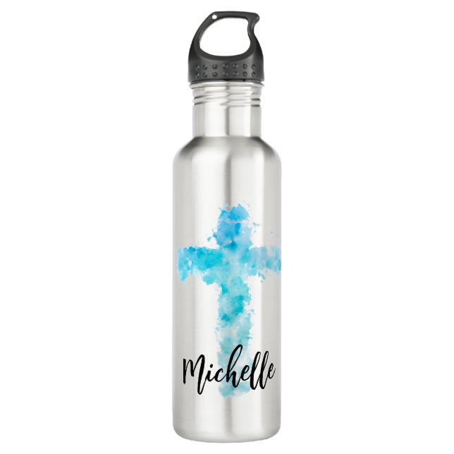 Garrafa Blue Watercolor Christian Cross (Frente)