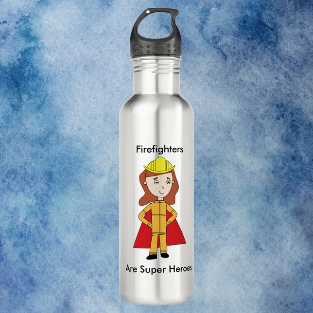 Garrafa Bombeiros São Super Heróis Mulheres Engraçadas (A water bottle featuring a woman firefighter and the text, "Firefighters Are Super Heroes".)