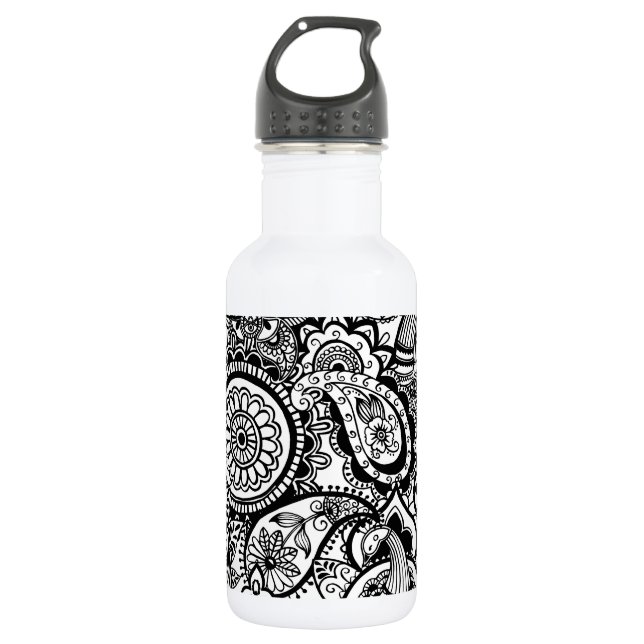 Garrafa Bonito floral paisley preto branco (Frente)