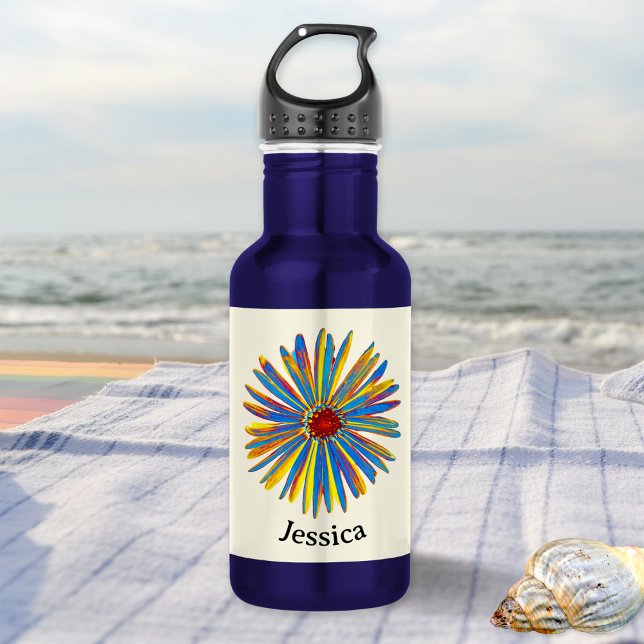 Garrafa Bonito Na moda Moderno Colorida Flor Personalizado (A personalized, stainless steel water bottle with pretty multicolor flower picture)