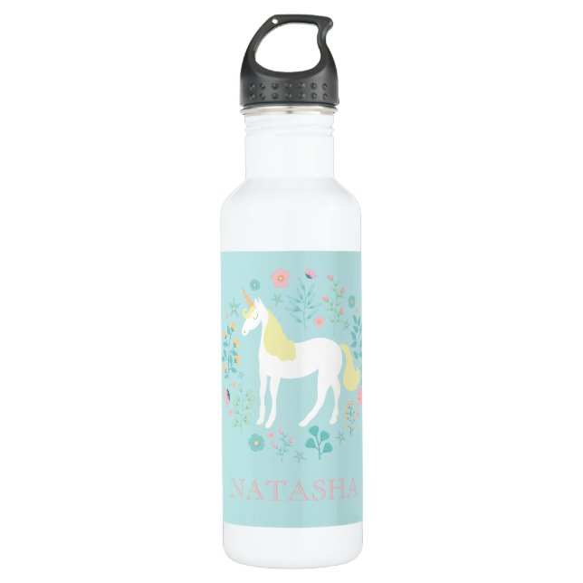 Garrafa Bonito Unicórnio e Flores Aqua Personalizados (Frente)