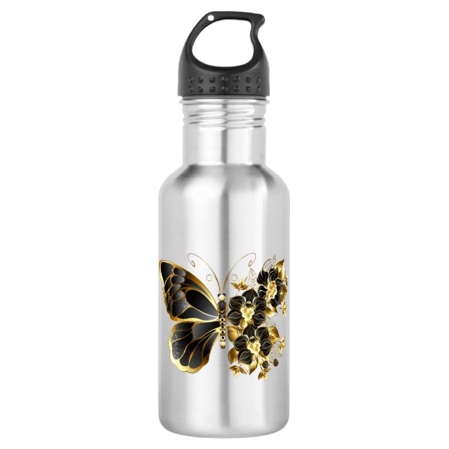 Garrafa Borboleta Flor Dourada com Orquídea Preta (Frente)