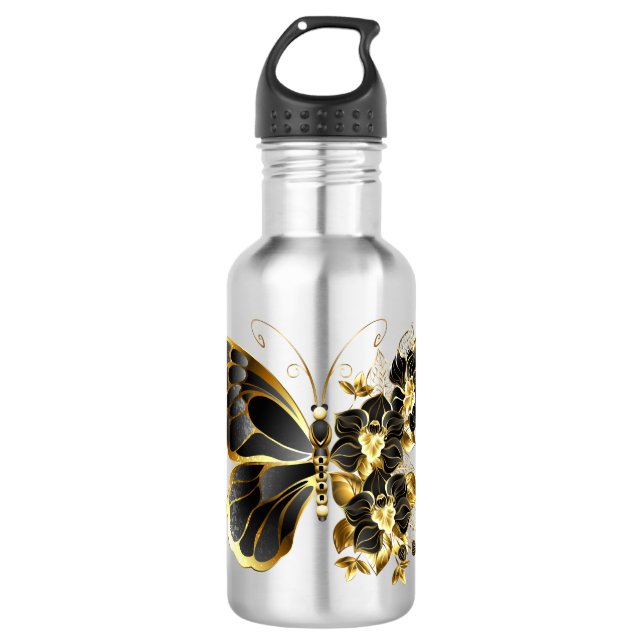 Garrafa Borboleta Flor Dourada com Orquídea Preta (Frente)