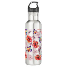 Borboletas e flores de papoila