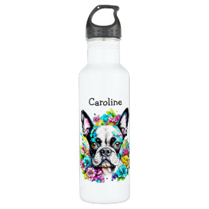 Garrafa Boston Terrier cercado por flores personalizadas