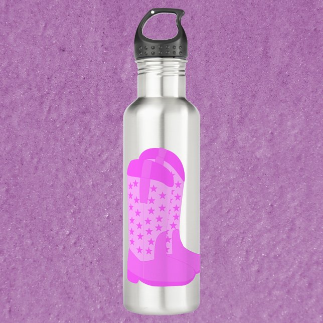 Garrafa Botas de vaqueiro com estrelas cor-de-rosa (A water bottle with a pair of pink cowboy boots.)