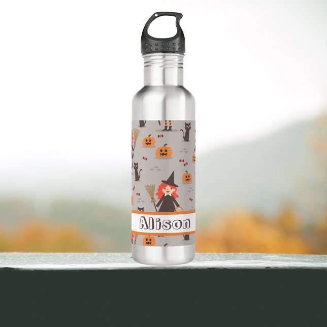 Garrafa Bruxa Bonita do Halloween, Abóbora, Gato Negro (Halloween Witch and pumpkins water bottle. perfect for trick or treat, back to school, hiking.)