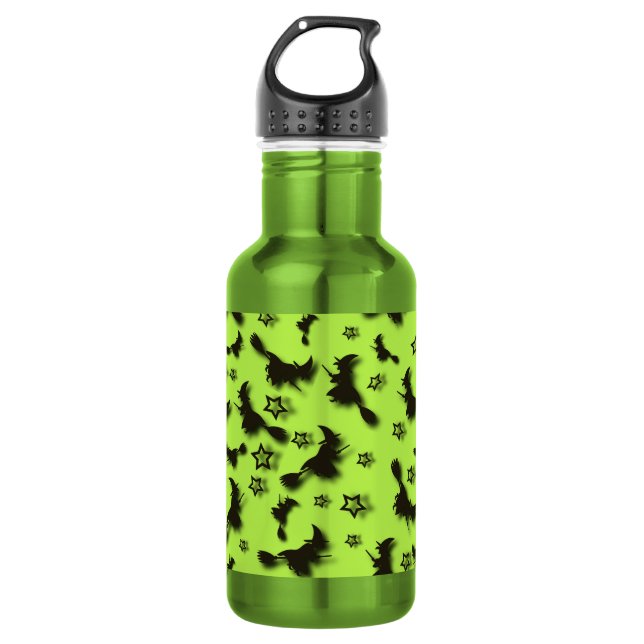 Garrafa bruxa voadora entre as estrelas na noite de Hallow (Frente)