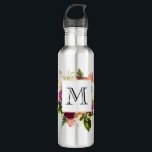 Garrafa Buquê Floral de Cor Branca e Rosa Moderno<br><div class="desc">Garrafa de água com um design bonito. Um arranjo floral de muitas variedades diferentes de flores em cores vermelha, rosa e branca, e muita folhagem verde-folha. Uma moldura colocada sobre o topo com uma borda de folha dourada. Design elegante e elegante. Um padrão de mármore branco. Personalize com uma letra...</div>