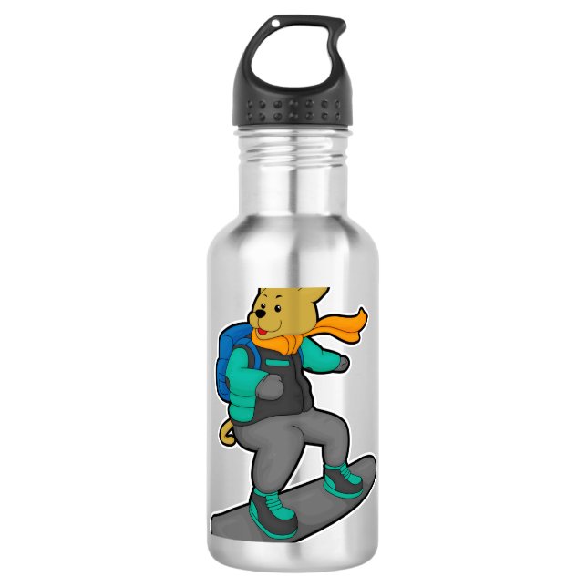 Garrafa Cachorro como Snowboarder com Snowboard e Mochila (Frente)