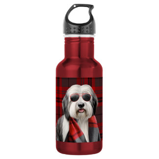 Garrafa Cachorro Pastor Fofo com Cachecol Xadrez Vermelho 