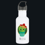 Garrafa Cactus giro e bonito num Sombrero Vermelho<br><div class="desc">Uma garrafa de água personalizada com uma ilustração fofinha de um cacto redondo,  com grandes olhos kawaii,  sorrindo e vestindo um sombrero vermelho. Dentro de um pote de flores.</div>