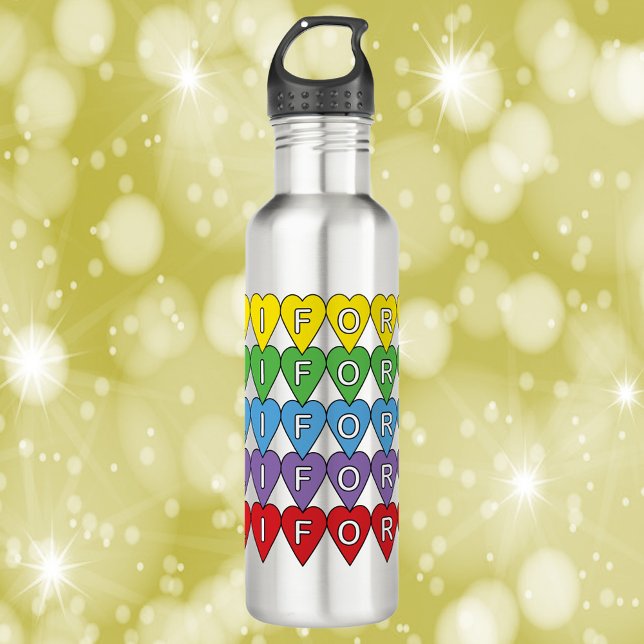 Garrafa California Hearts Colorful (A water bottle with the word California in yellow, green, blue, purple and red hearts.)