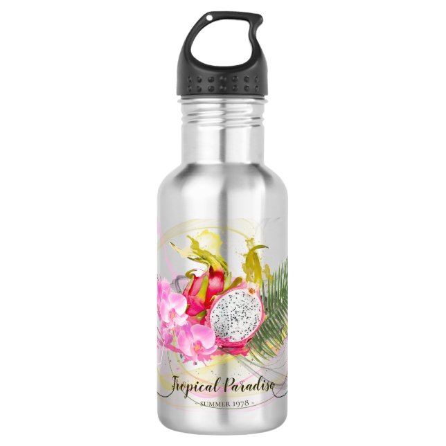 Garrafa Caligrafia tropical entre Frutas de dragões e orqu (Frente)