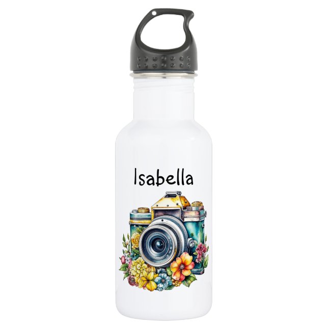 Garrafa Câmera Antiga com Flores Bonitas Aquarela (Frente)