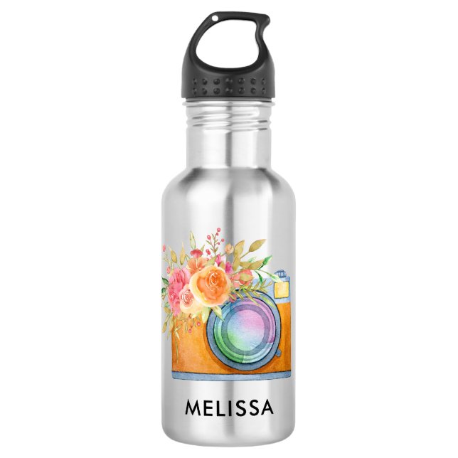 Garrafa Câmera Laranja Boho e Buquê Floral Aquarela (Frente)