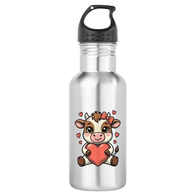 Garrafa Camisa de Bebê Vaca Fofo Segurando Coração com Gra (Frente)