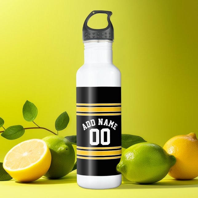 Garrafa Camisa Esportiva Black Gold com Seu Nome e Número (Personalized water bottle - sports jersey design)