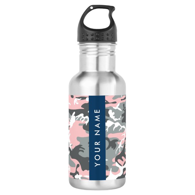 Garrafa Camuflagem Rosa e Cinza Personalize seu nome (Frente)