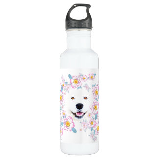 Garrafa Cão Samoyed e flores cor-de-rosa, nome personaliza