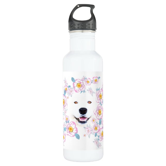 Garrafa Cão Samoyed e flores cor-de-rosa, nome personaliza (Frente)