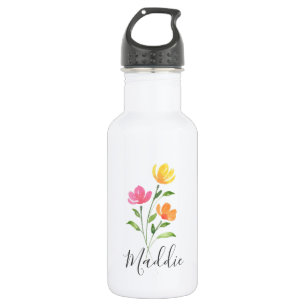 Garrafa Caule de Flor Aquarela Laranja Amarelo Rosa