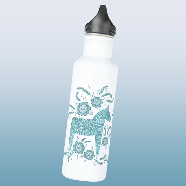 Garrafa Cavalo Dala Sueco Verde Turquesa e Branco (Swedish Dala Horse folk art style water bottle)
