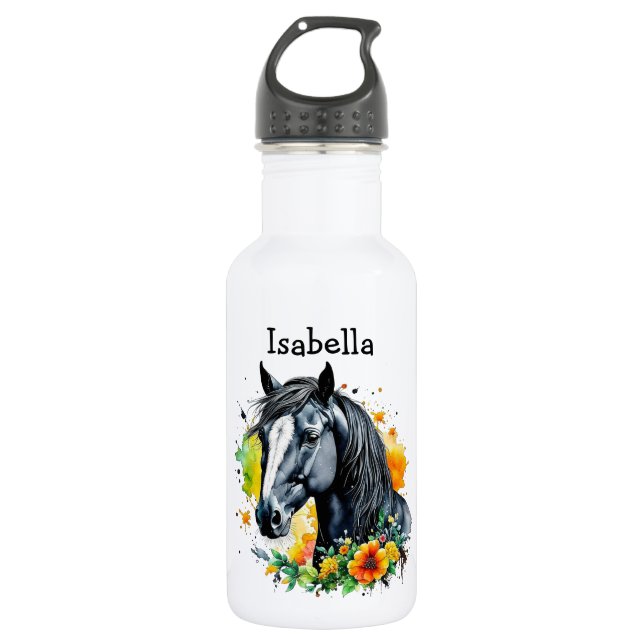 Garrafa Cavalo Negro Cercado por Flores Personalizadas (Frente)