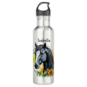 Garrafa Cavalo Negro Cercado por Flores Personalizadas