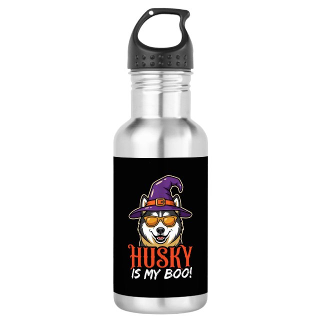 Garrafa Chapéu de Bruxa do Husky de Halloween é Meu Amor (Frente)