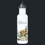 Garrafa Citrus Botanical Orange Grove<br><div class="desc">Fruta de citrinos de cor aquática russa,  verde-pomar e flores brancas,  garrafa de água personalizada. linha de texto modelo para nome no script de assinatura de cor verde de coordenação bonito.</div>