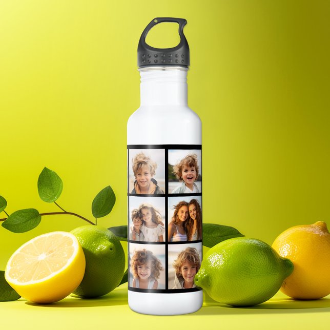Garrafa Colagem de 12 Fotos Instagram com Fundo Preto (Personalized photo water bottle)