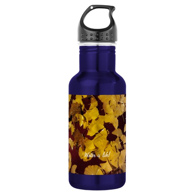 Garrafa com folhas amarelas e slogan de água (Frente)