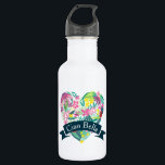 Garrafa Coração Floral de Ciao Bella Cute com Flores Tropi<br><div class="desc">Garrafa de água com texto personalizável que diz: "Ciao Bella" escrito em texto curvado dentro uma fita verde azul sobre um coração branco cheio de flores e folhas tropicais em cores rosa,  verde e amarela. Design de cerimônia de verão.</div>