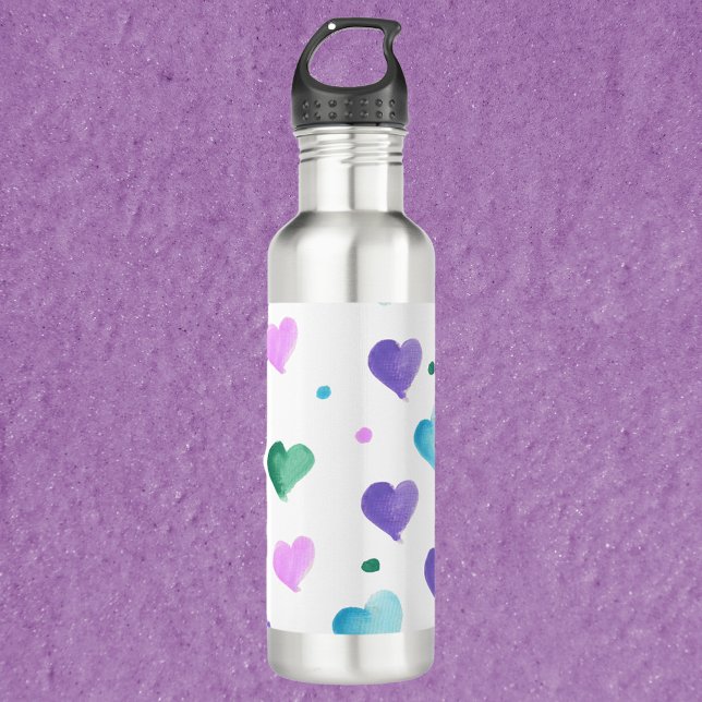 Garrafa Corações de Aquarela Padrão Verde Cor-de-Rosa Púrp (A water bottle with watercolor hearts and polka dots done in pink, purple, green and blue)