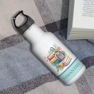 Garrafa Cores Pastel Suaves Livros de Aquarela e Mochila
