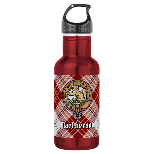 Garrafa Crest do Clã MacPherson sobre Tartan Vermelho de V (Frente)