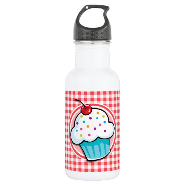 Garrafa Cupcake bonito em Gingham Branco e Vermelho (Frente)