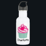 Garrafa Cupcake rosa personalizado WIth Bolinhas Cherry<br><div class="desc">Arte gráfica / ilustração de um cupcake cor-de-rosa brilhante com espirais de gelo em cima e uma cereja bolinhas rosa-quente e giro. A base é verde e listras brancas. Personalize com um nome.</div>