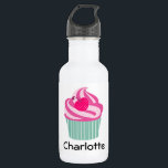 Garrafa Cupcake rosa personalizado WIth Bolinhas Cherry<br><div class="desc">Arte gráfica / ilustração de um cupcake cor-de-rosa brilhante com espirais de gelo em cima e uma cereja bolinhas rosa-quente e giro. A base é verde e listras brancas. Personalize com um nome.</div>