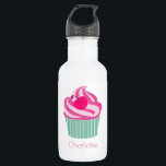Garrafa Cupcake rosa personalizado WIth Bolinhas Cherry<br><div class="desc">Arte gráfica / ilustração de um cupcake cor-de-rosa brilhante com espirais de gelo em cima e uma cereja bolinhas rosa-quente e giro. A base é verde e listras brancas. Personalize com um nome.</div>