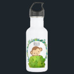 Garrafa Cute Safari Monkey Alô<br><div class="desc">Uma garrafa d'água com um desenho animado de um macaquinho espiando por trás de um arbusto verde dizendo olá. Cercada por uma coroa de folhas tropicais. O texto "Olá" também pode ser personalizado com um nome ou outro texto,  se quiser.</div>