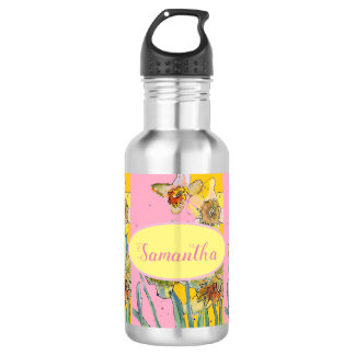 Garrafa Daffodil Painting Watercolor Amarelo Flor rosa