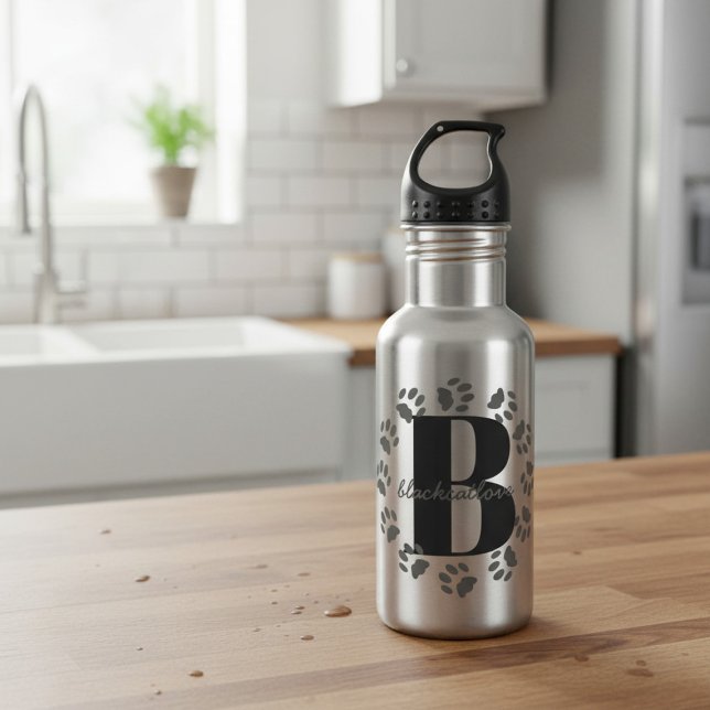 Garrafa de Água com Monograma em Negrito de Pegada (Add your initial and name to this pet paw print water bottle)