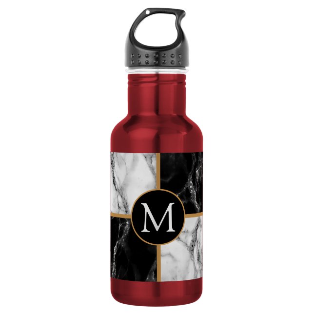 Garrafa de água de mármore preto e branco monogram (Frente)