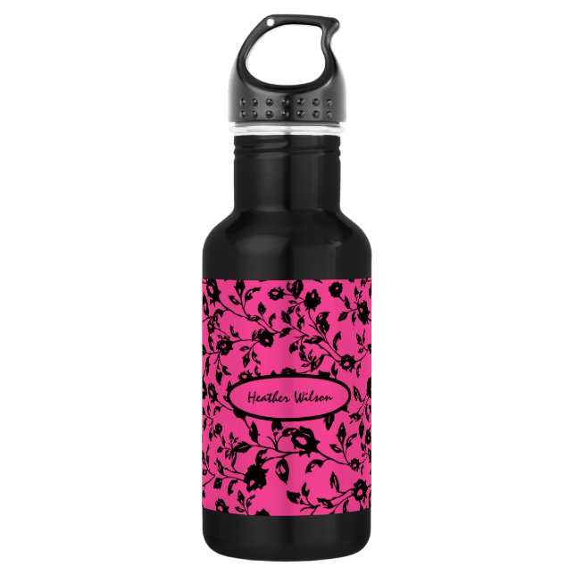 Garrafa de Água Floral Rosa Preta com Nome (Frente)
