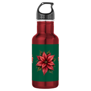 Garrafa de água Natal verde e Flores Vermelhas